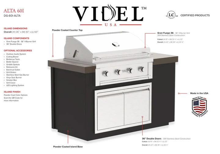 Videl USA Alta 60" BBQ Island featuring a sleek 36" Double Access Doors storage solution for small patios, paired with a powerful 36" HeatWave Chamber-equipped grill and CoolTouch knobs.