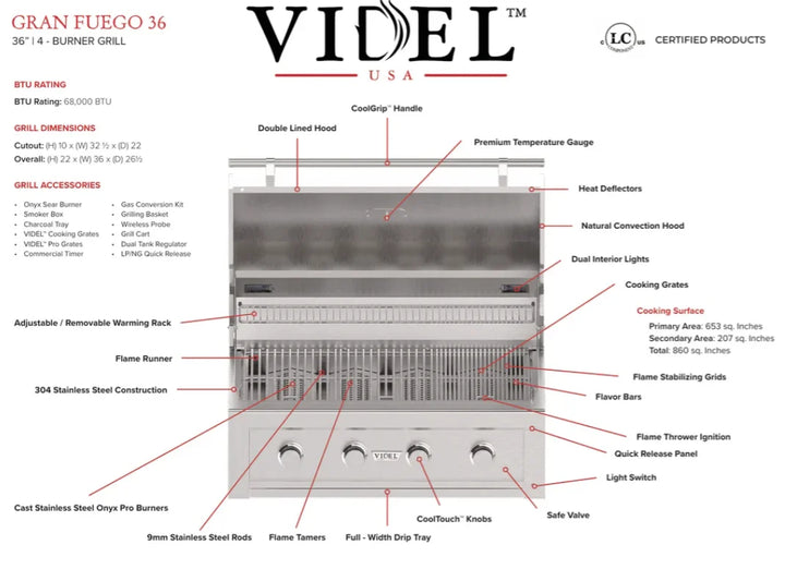 The Videl USA Alta 60" BBQ Island features a compact design, perfect for smaller patios, with a powerful 36″ BBQ Grill including HeatWave Chamber and CoolTouch Knobs, and 36″ Double Access Doors for storage.