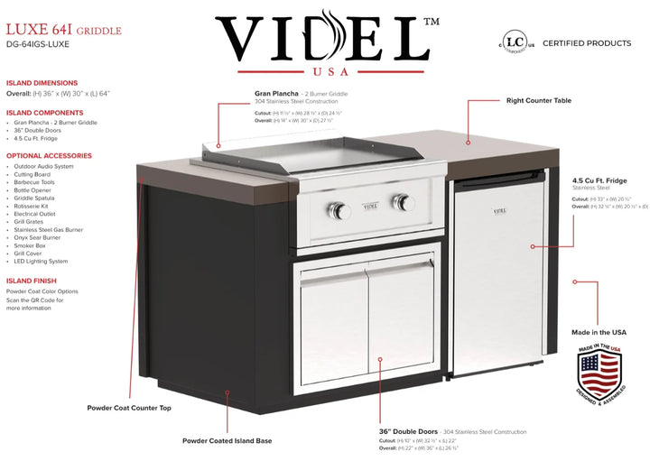 Luxe 64I BBQ Island features Gran Plancha griddle with independent burners, 30″ Double Access Doors, and compact refrigerator for seamless outdoor cooking and storage.