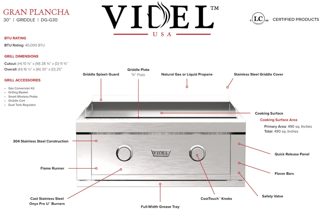 Videl USA Luxe 64' Griddle Island featuring a sleek stainless steel design with a compact refrigerator, 30" Double Access Doors, and a Gran Plancha griddle with independent adjustable burners for precise temperature control.