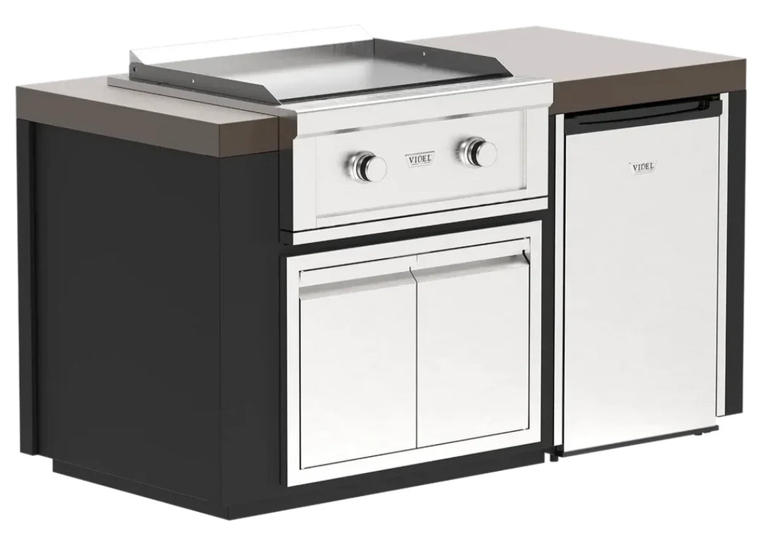 Videl USA Luxe 64" Griddle Island features a Gran Plancha griddle with independent adjustable burners and multi-zone control, paired with sleek double access doors and a compact 304 stainless steel refrigerator for outdoor cooking and storage convenience.