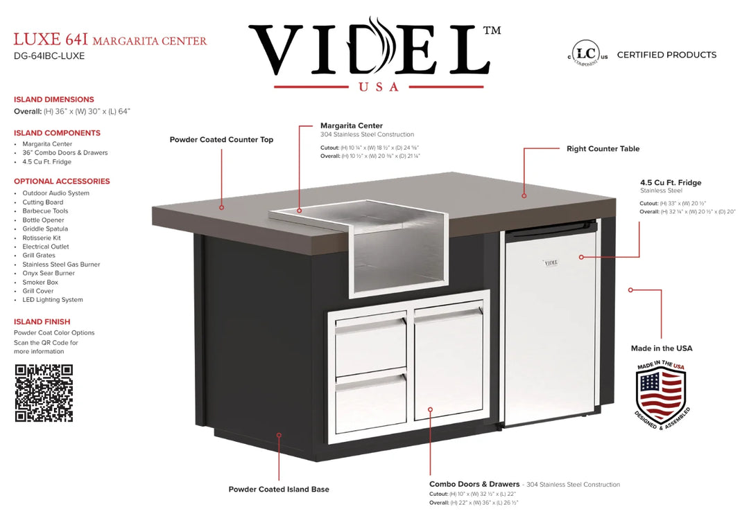 Videl USA Luxe 64" Margarita Center: luxury outdoor island featuring integrated margarita station, premium storage, and compact refrigerator with 4.5 cu. ft. capacity.