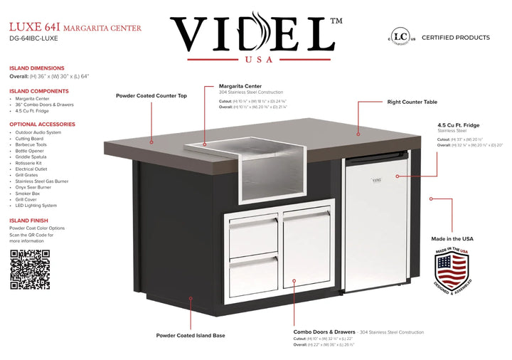 Videl USA Luxe 64" Margarita Center: luxury outdoor island featuring integrated margarita station, premium storage, and compact refrigerator with 4.5 cu. ft. capacity.