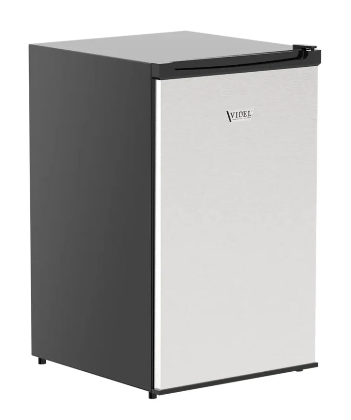 Videl USA 4.5 CU. FT. Compact Refrigerator: sleek stainless steel exterior, spacious interior with adjustable shelves, drawer, door storage, built-in can dispenser, and analog temperature control for efficient cooling in covered outdoor spaces.