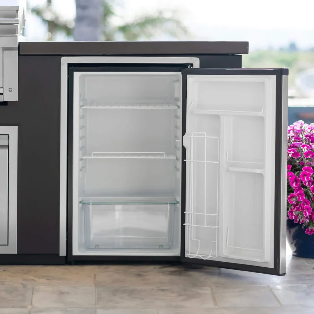 Videl USA 4.5 CU. FT. Compact Refrigerator - Stainless Steel Outdoor Fridge for BBQ Island or Patio Kitchen with Spacious Storage, Adjustable Temperature Control, and Built-in Can Dispenser.