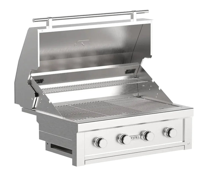The Videl USA 36" Gran Fuego premium grill features elegant stainless steel design, HeatWave Chamber for optimized heat distribution, and innovative safety features like CoolTouch knobs and Quick Release Panel for easy maintenance.