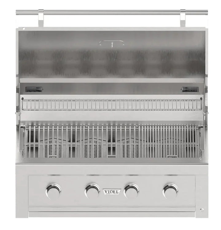 The Videl USA Gran Fuego 36" Premium Built-In Gas Grill features a sleek stainless steel design, HeatWave Chamber for optimal heat distribution, and innovative safety elements including CoolTouch knobs and Quick Release Panel for easy maintenance.