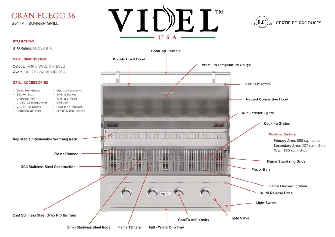 The Videl USA 36" Gran Fuego premium grill features elegant stainless steel design, HeatWave Chamber for optimized heat distribution, and innovative safety elements like CoolTouch knobs and Quick Release Panel for easy maintenance.