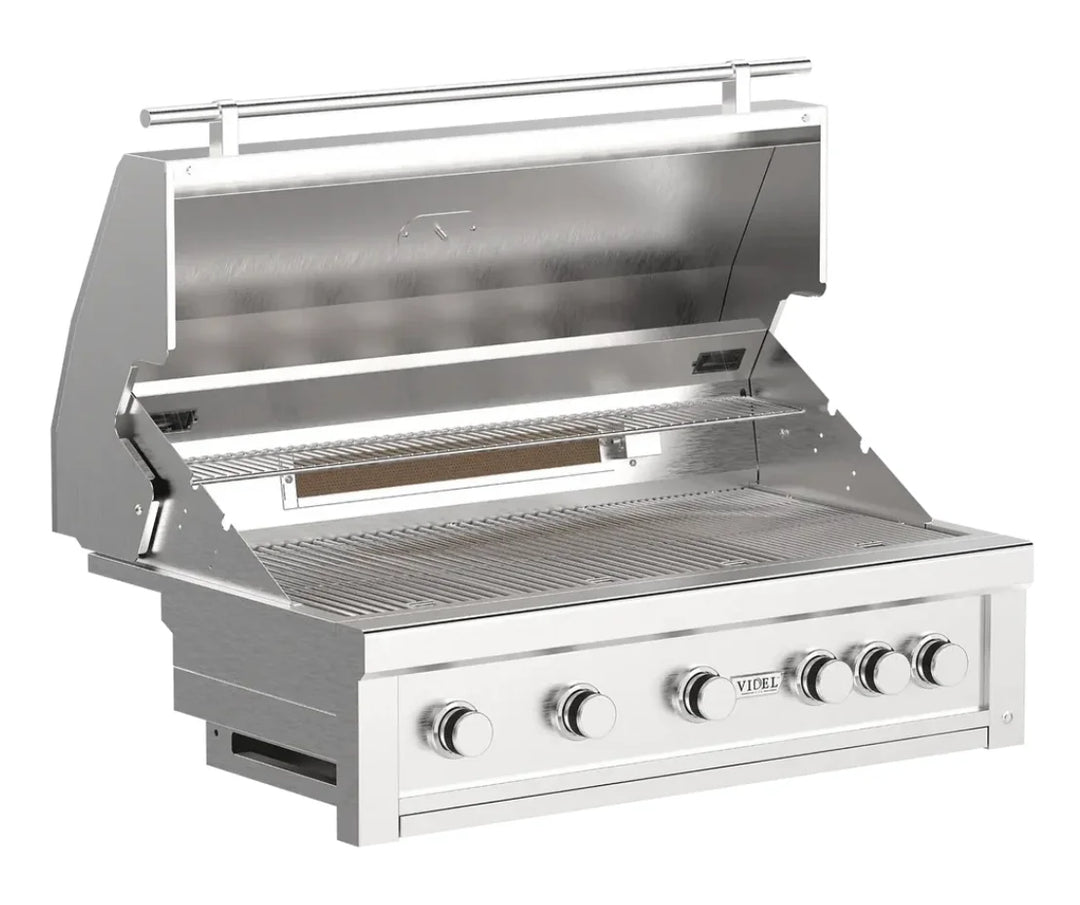High-end Videl USA Gran Fuego 42" grill features five burners, including an infrared burner, HeatWave Chamber technology, and storm guard construction for refined outdoor cooking.