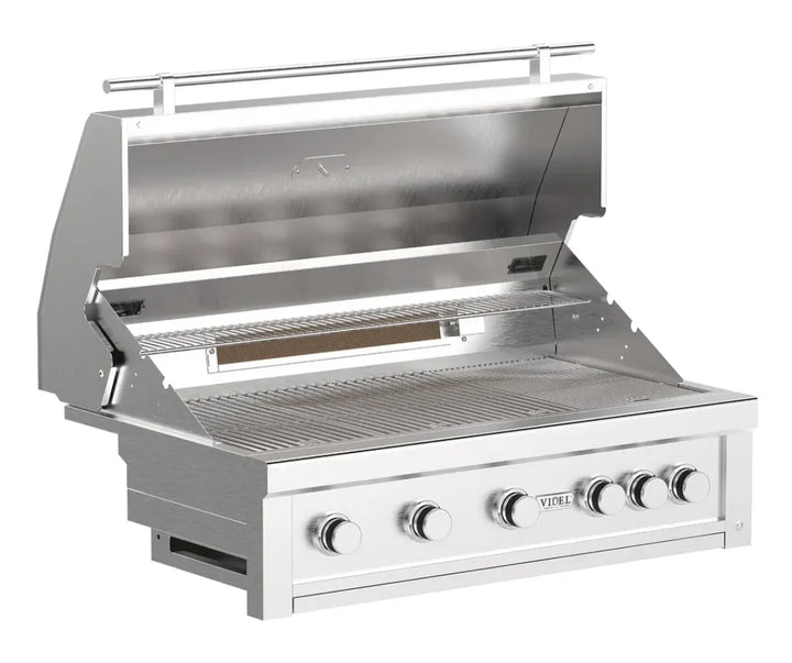 High-end Videl USA Gran Fuego 42" grill features five burners, including an infrared burner, HeatWave Chamber technology, and storm guard construction for refined outdoor cooking.