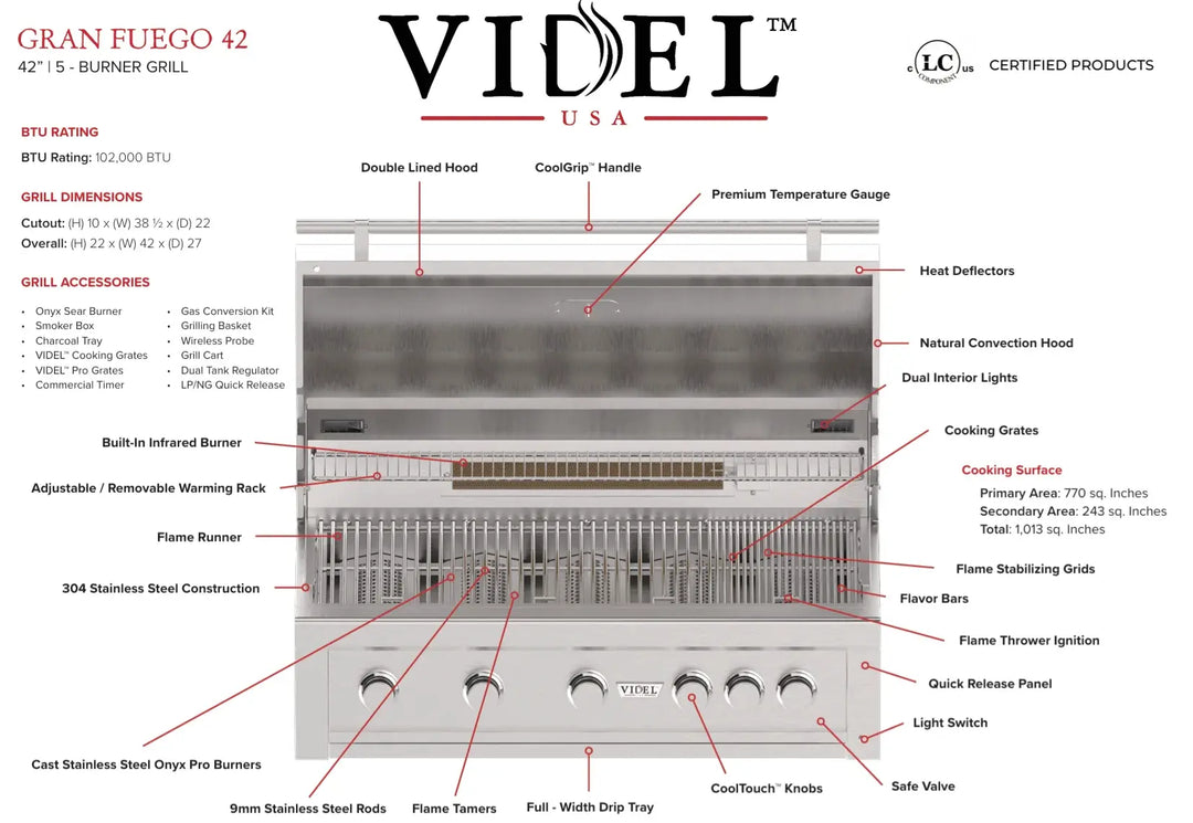 The Videl USA Gran Fuego 42" Built-In Grill features sleek design, advanced HeatWave Chamber technology, and five burners including an infrared burner, for precision heat and refined culinary experience.
