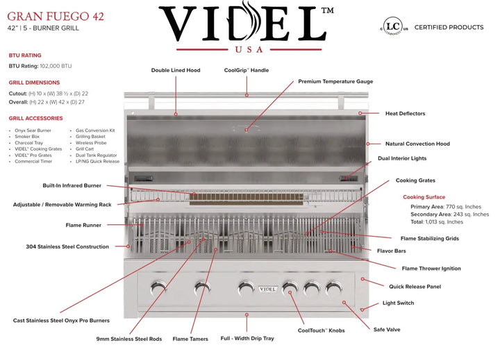 The Videl USA Gran Fuego 42" Built-In Grill features sleek design, advanced HeatWave Chamber technology, and five burners including an infrared burner, for precision heat and refined culinary experience.