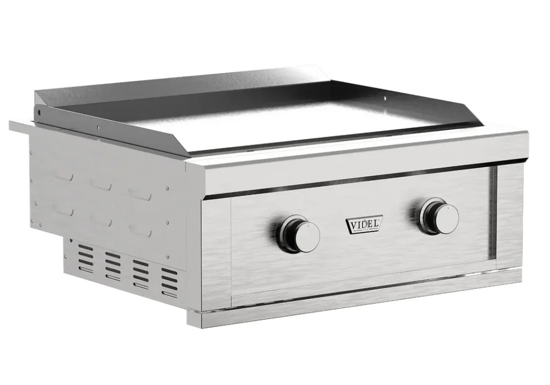 Videl USA Gran Plancha 30-inch Built-In Griddle features 40,000 BTU dual Onyx Pro U Burners, heavy-duty quarter-inch thick cooking plate, and premium 304 stainless steel construction for unmatched versatility, durability, and precise heat control.