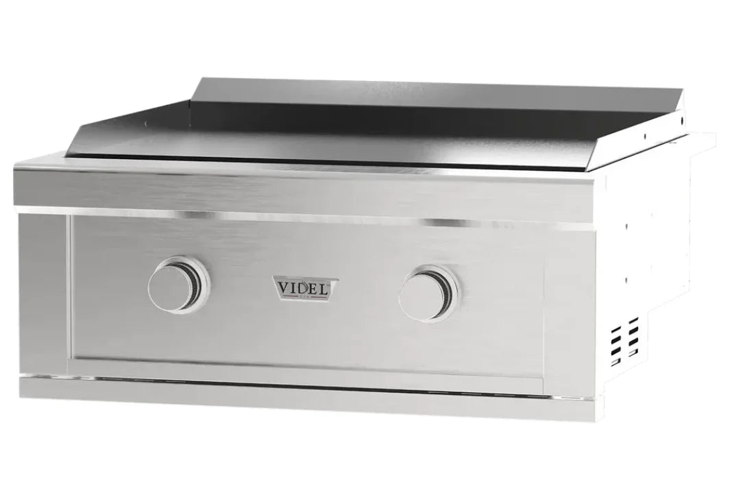 Videl USA Gran Plancha 30-inch Built-In Griddle features dual Onyx Pro U burners, heavy-duty cooking plate, and premium stainless steel construction for restaurant-quality outdoor cooking.