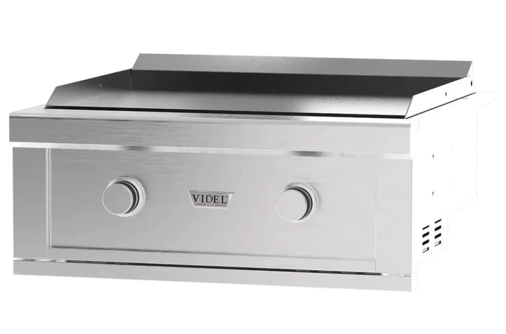 Videl USA Gran Plancha 30-inch Built-In Griddle features dual Onyx Pro U burners, heavy-duty cooking plate, and premium stainless steel construction for restaurant-quality outdoor cooking.
