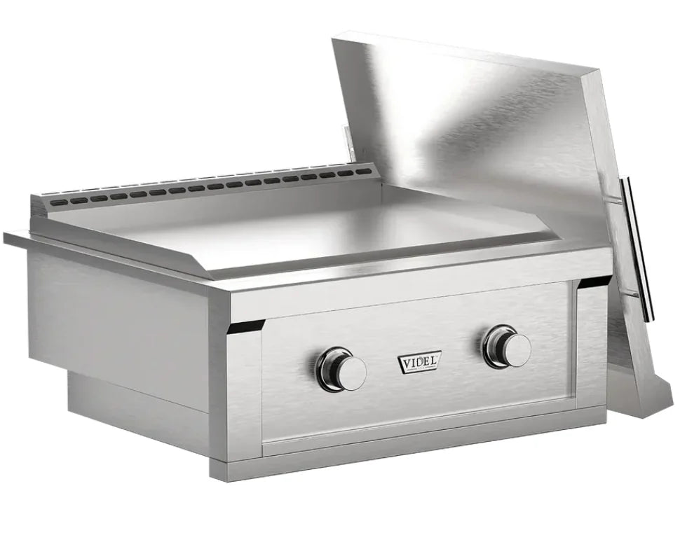Videl USA Gran Plancha 30-Inch Built-In Griddle with dual Onyx Pro U Burners, heavy-duty cooking plate, and premium 304 stainless steel construction for outdoor culinary excellence.