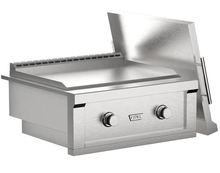 Videl USA Gran Plancha 30-Inch Built-In Griddle with dual Onyx Pro U Burners, heavy-duty cooking plate, and premium 304 stainless steel construction for outdoor culinary excellence.