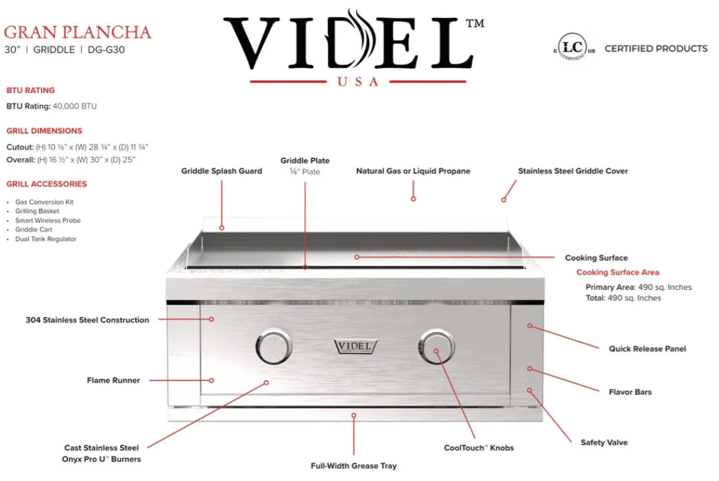 Videl USA Gran Plancha 30-inch Built-In Griddle features dual Onyx Pro U burners, heavy-duty quarter-inch thick cooking plate, and premium 304 stainless steel construction for exceptional outdoor performance and durability.