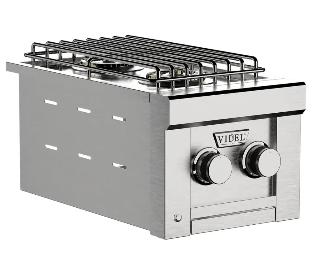 Videl USA Fuego I - Double Side Burner: Compact, high-performance stainless steel built-in burner with independent flame control, delivering precision heat for various cooking techniques in outdoor kitchens.