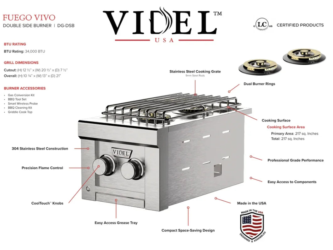 Videl USA Fuego I Double Side Burner: compact, high-performance outdoor kitchen upgrade featuring dual independent burners with precision flame control and high BTU output.