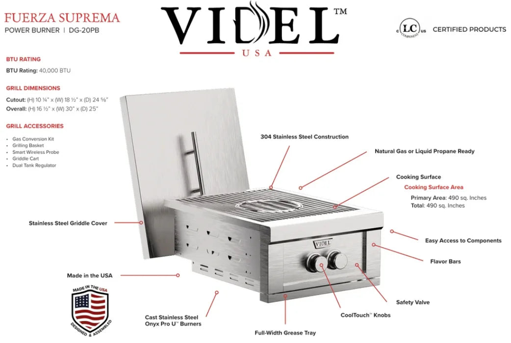 The Videl USA Fuego II - Power Burner, a high-performance outdoor cooking station featuring dual burners, 50,000 BTUs, and premium 304 stainless steel construction for effortless heat control and durable design.