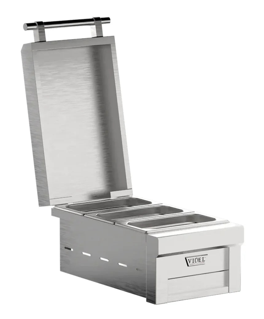Videl USA Fuego III Food Warmer - A premium 304 stainless steel device providing even heat from ethanol gel chafing fuel, featuring three covered food containers for serving multiple dishes at once.