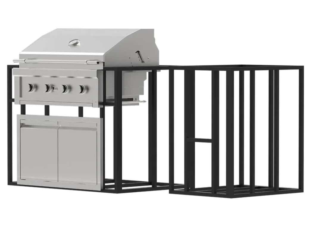 Videl USA Grill Signature Collection 1: High-end outdoor kitchen package featuring Gran Fuego 36 Premium Grill with HeatWave Chamber and CoolTouch Knobs, modular Knock Down Islands, and sleek storage solutions made from durable 304 stainless steel.