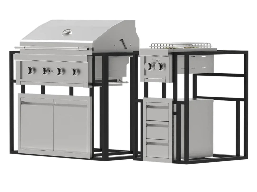 Videl USA Grill Signature Collection 2: modular outdoor kitchen setup with 304 stainless steel construction, premium Gran Fuego 36 grill, dual side burners, and customizable island frames for effortless installation.