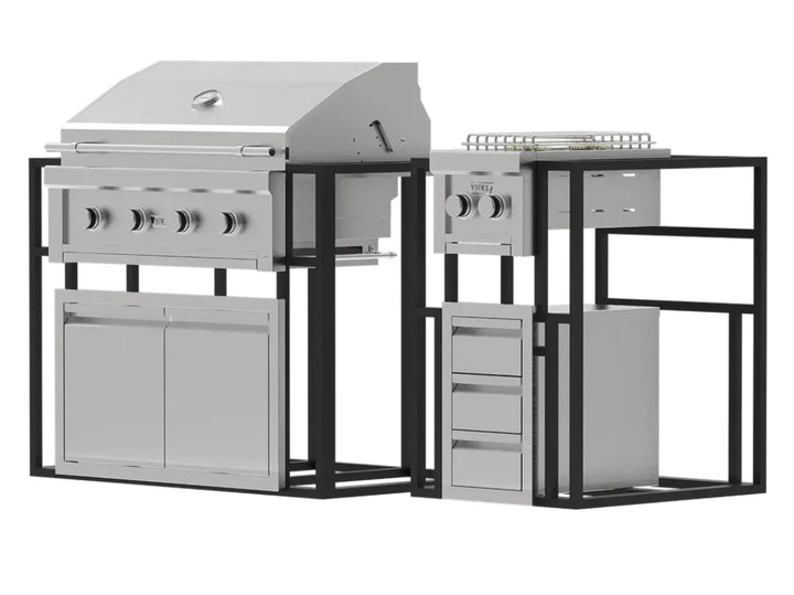 Videl USA Grill Signature Collection 2: modular outdoor kitchen setup with 304 stainless steel construction, premium Gran Fuego 36 grill, dual side burners, and customizable island frames for effortless installation.