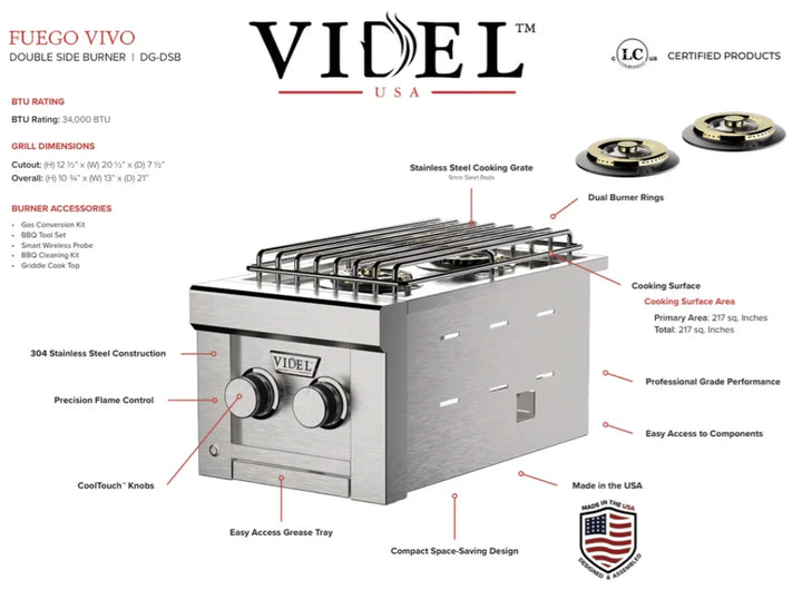 Videl USA Grill Signature Collection 2: Modular outdoor kitchen setup featuring premium 304 stainless steel construction, Gran Fuego 36 grill with HeatWave Chamber, CoolTouch Knobs, and customizable finish options.