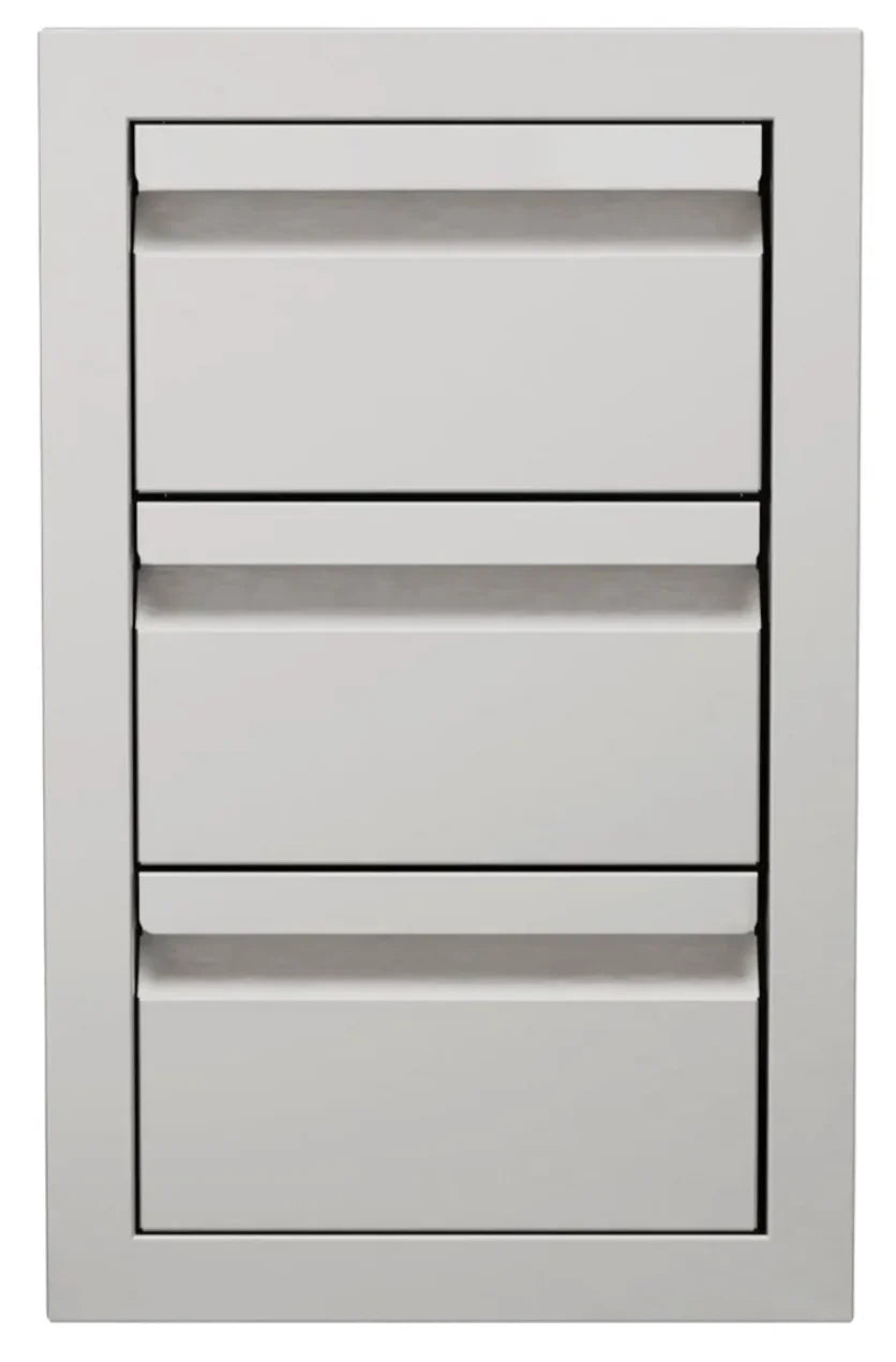 Videl USA Triple Access Drawer: three spacious stainless steel drawers for organized storage of BBQ tools, utensils, and grilling accessories in outdoor kitchens.