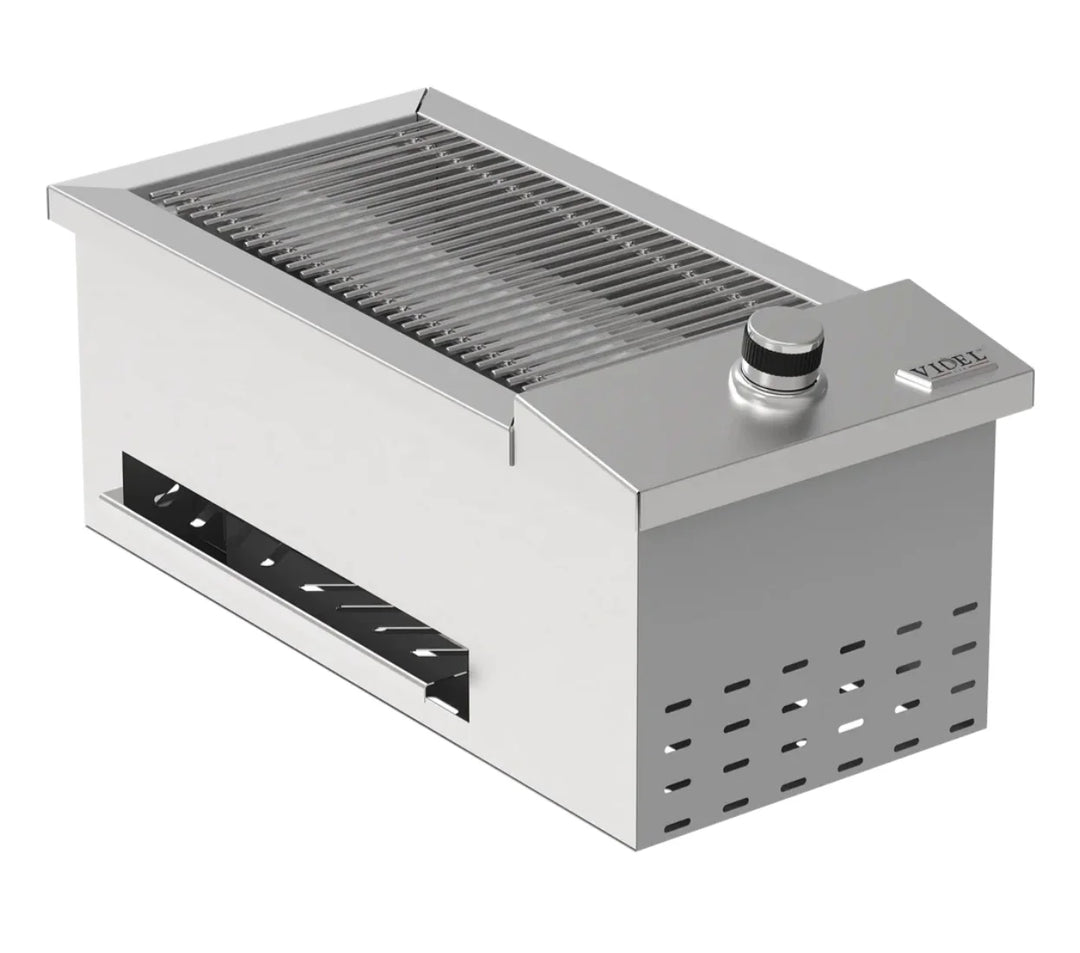 Videl USA Anza Single Burner Built-In Grill, featuring sleek stainless steel craftsmanship, CoolTouch knobs, Flavor Bars, and Cast Stainless Steel Onyx Pro Burner for premium outdoor grilling experience.