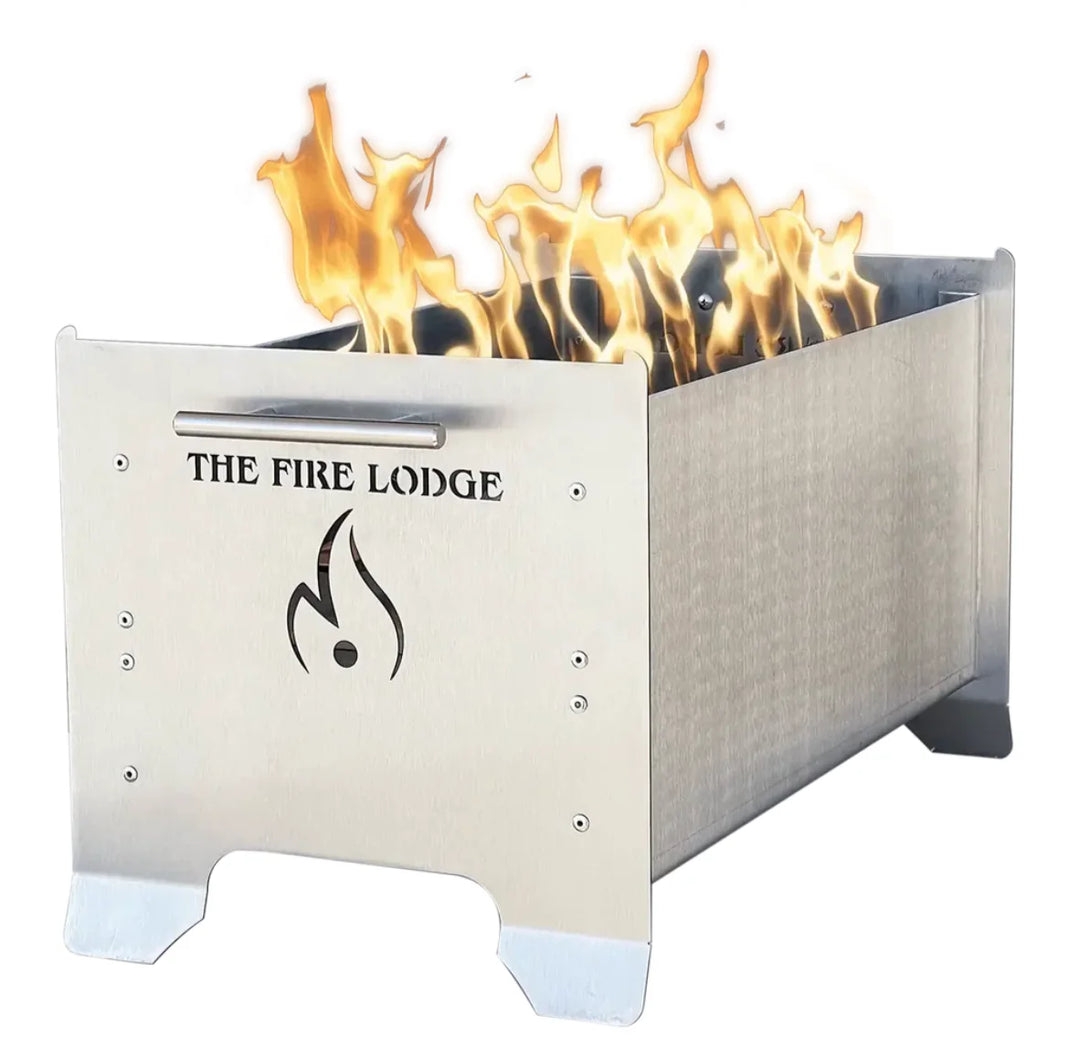 The Videl USA The Overlander Burning Grill features a rugged, compact design crafted from 316 stainless steel, showcasing its patented Bullet Burner for efficient flame production.