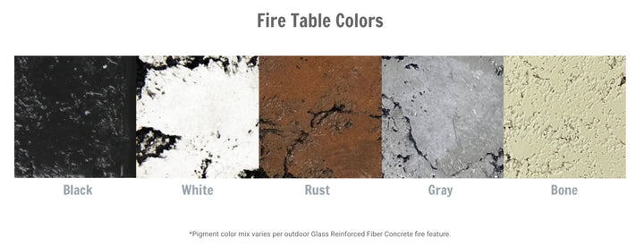 Grand Canyon Fire Bowl: Handcrafted fire feature in reinforced concrete, UV-resistant finish, available in two sizes (39" x 14" or 48" x 17") and five designer colors for outdoor use with natural gas or liquid propane compatibility.