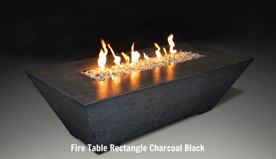 Grand Canyon Olympus Rectangular Fire Table, modern design with angled profile, durable GFRC construction, radiant warmth, mesmerizing flame effect, available in Natural Gas or Liquid Propane configurations.