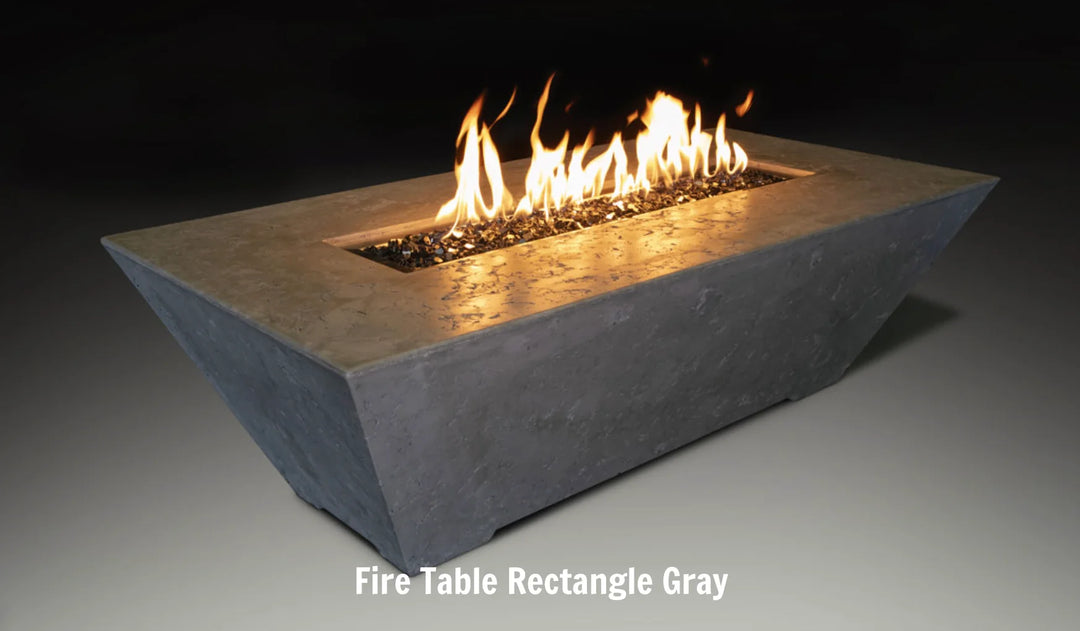 Grand Canyon Olympus Rectangular Fire Table, modern design with angled profile, glass fiber reinforced concrete construction, perfect for outdoor entertaining with radiant warmth and mesmerizing flame ambiance.