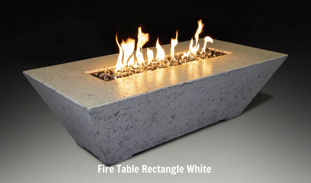 Grand Canyon Olympus Rectangular Fire Table, a modern American-made outdoor heater with glass fiber reinforced concrete construction, offering radiant warmth and mesmerizing flame ambiance for year-round patio use.
