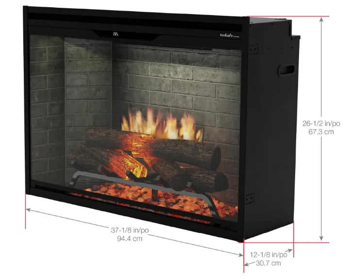 Dimplex Revillusion 36" Built-In Electric Firebox with realistic flames projected through Mirage panel, featuring handcrafted Realogs, adjustable brightness, and built-in thermostat for supplemental heat and ambiance.
