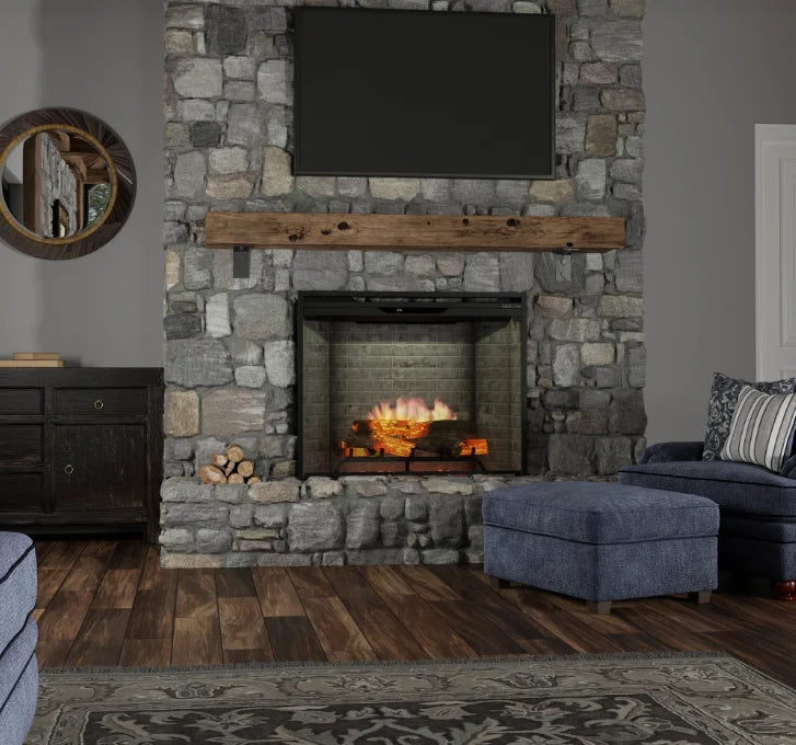 Dimplex Revillusion 36" Built-In Electric Firebox featuring Revulsion Flame Technology, ultra-realistic flames projected through Mirage panel, handcrafted Realogs, and adjustable flame brightness and speed for immersive ambiance.
