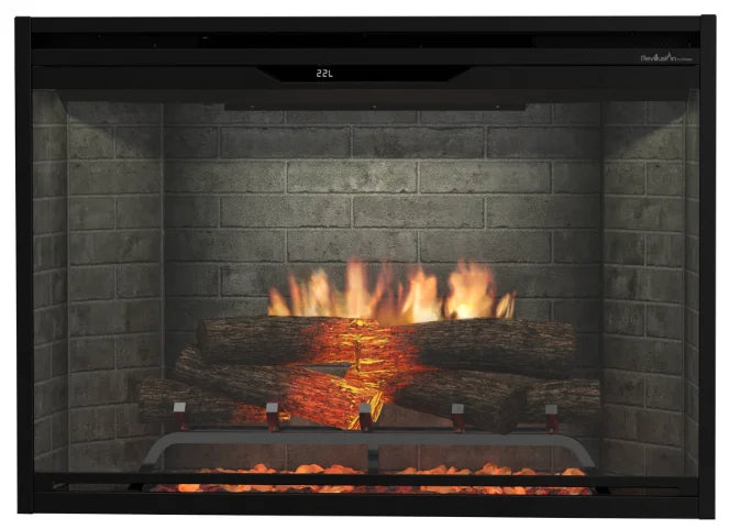 Dimplex Revillusion 36" Built-In Electric Firebox features Revillusion Flame Technology and Mirage panel for ultra-realistic flames through Realogs handcrafted from real wood.