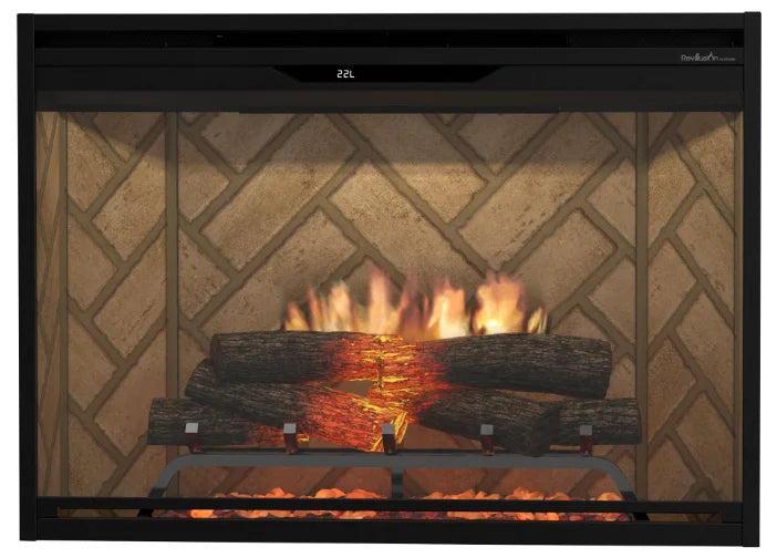 Dimplex Revillusion 36" Built-In Electric Firebox features realistic flames projected through a translucent Mirage panel, set against a glowing ember bed with tumbled glass and black gravel.