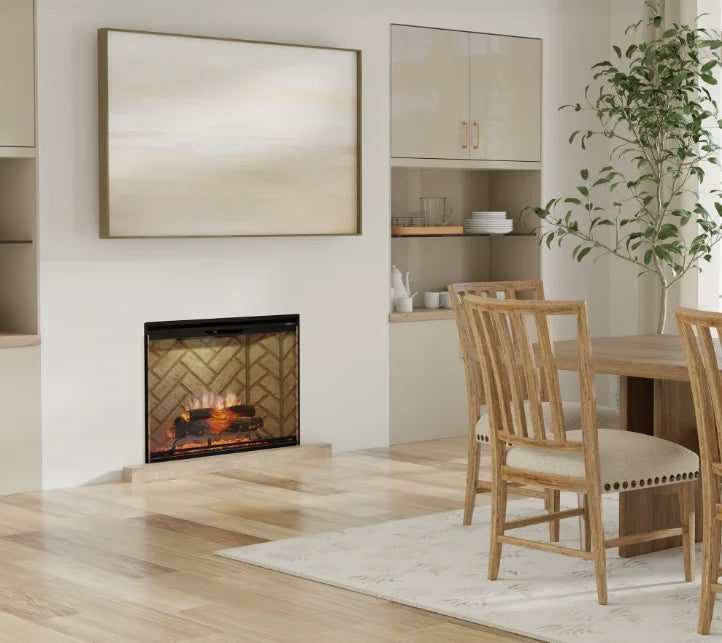 Dimplex Revillusion 24" Built-In Electric Firebox with ultra-realistic flame effects and handcrafted Realogs flames, complete with glowing ember bed and adjustable brightness settings.