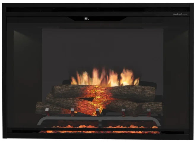 Dimplex Revillusion 36" Built-In Electric Firebox features ultra-realistic flames through Mirage Flame Panel, surrounded by glowing ember bed with tumbled glass and black gravel for added texture.