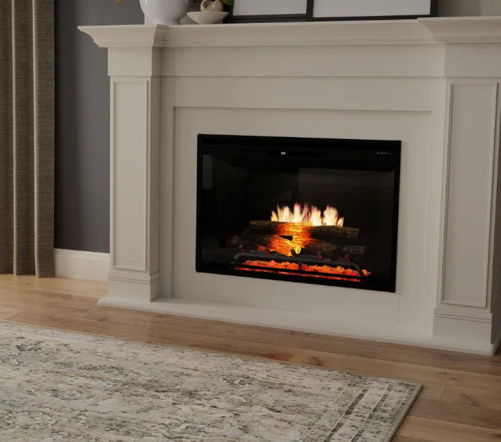 Dimplex Revillusion 36" Built-In Electric Firebox features Revillusion Flame Technology with realistic flames and ember bed through Mirage panel, supporting four backer finishes for customized design.