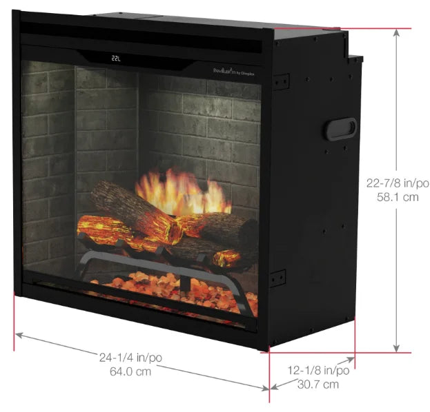 Dimplex Revillusion 24" Built-In Electric Firebox features ultra-realistic flame technology with hand-painted Realogs logs and adjustable flame speed and brightness for custom ambiance.