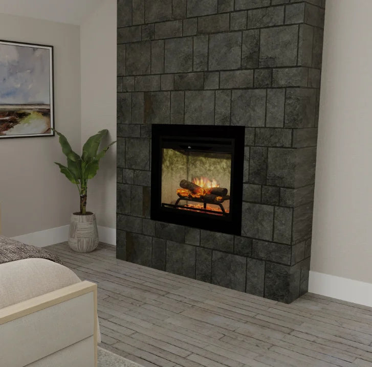 Dimplex Revillusion 24" Built-In Electric Firebox featuring ultra-realistic flames, hand-painted Realogs, and a glowing ember bed with tumbled glass and black gravel, perfect for supplemental heating up to 1,000 sq. ft.