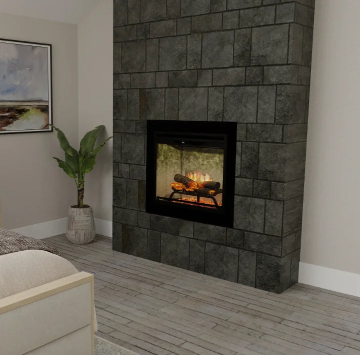Dimplex Revillusion 24" Built-In Electric Firebox featuring ultra-realistic flames, hand-painted Realogs, and a glowing ember bed with tumbled glass and black gravel, perfect for supplemental heating up to 1,000 sq. ft.