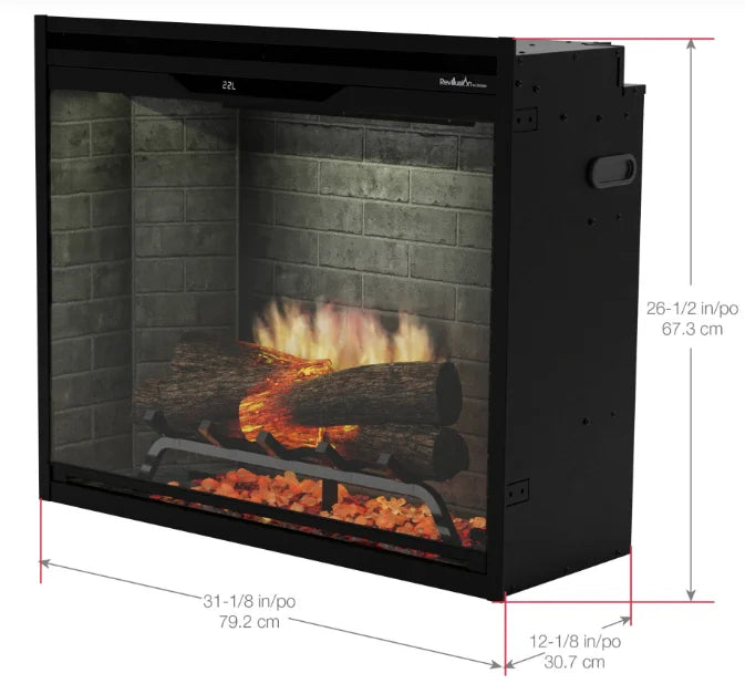 Dimplex Revillusion 30" Built-In Electric Firebox features Revulsion Flame Technology with natural-looking flames rising from logs, surrounded by hand-painted Realogs and ember bed with tumbled glass and black gravel for dramatic contrast.