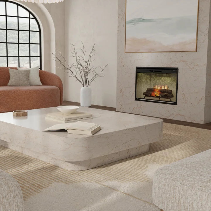 Dimplex Revillusion 30" Built-In Electric Firebox features Revillusion Flame Technology with hand-painted Realogs for authentic texture and glow, alongside a semi-translucent ember bed with tumbled glass.