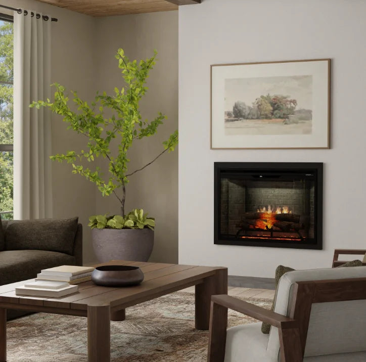 Dimplex Revillusion 30" Built-In Electric Firebox features realistic flame presentation and customizable aesthetic with hand-painted Realogs and ember bed for authentic ambiance.